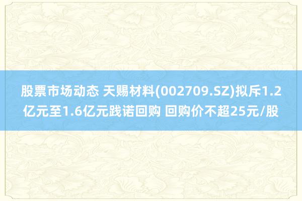 股票市场动态 天赐材料(002709.SZ)拟斥1.2亿元至1.6亿元践诺回购 回购价不超25元/股