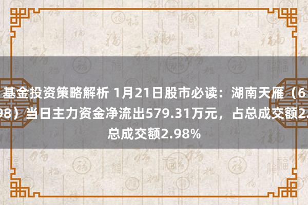 基金投资策略解析 1月21日股市必读：湖南天雁（600698）当日主力资金净流出579.31万元，占总成交额2.98%