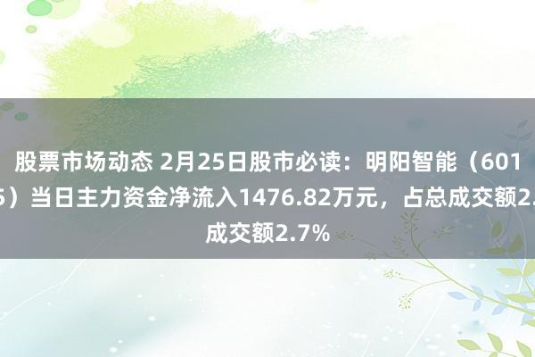 股票市场动态 2月25日股市必读：明阳智能（601615）当日主力资金净流入1476.82万元，占总成交额2.7%