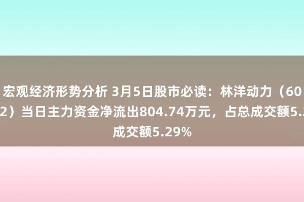 宏观经济形势分析 3月5日股市必读：林洋动力（601222）当日主力资金净流出804.74万元，占总成交额5.29%