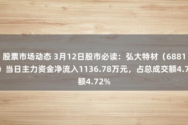 股票市场动态 3月12日股市必读：弘大特材（688186）当日主力资金净流入1136.78万元，占总成交额4.72%