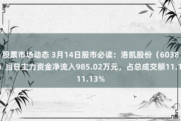 股票市场动态 3月14日股市必读：洛凯股份（603829）当日主力资金净流入985.02万元，占总成交额11.13%